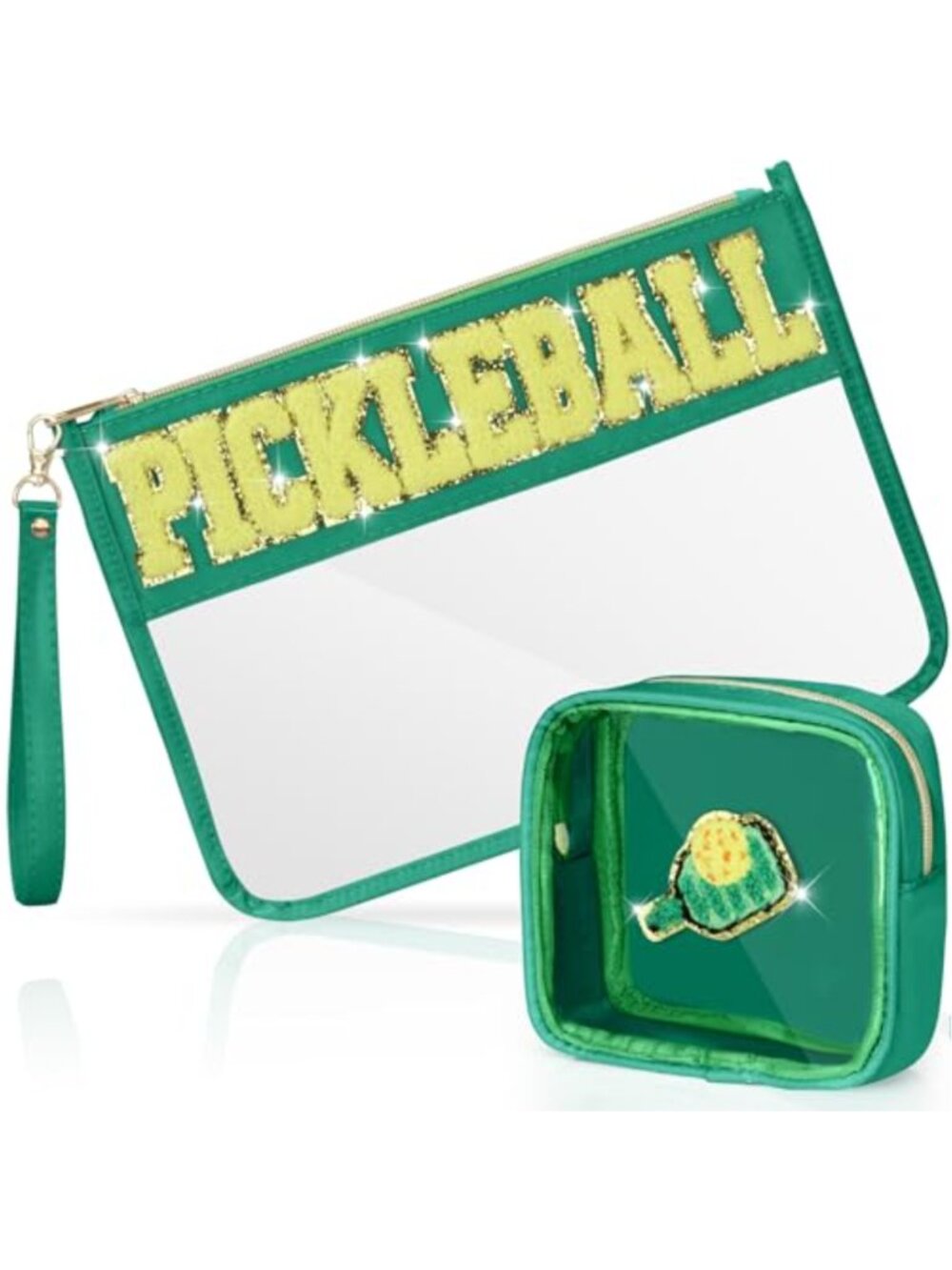 2 Pc Pickleball Makeup Bag Set Chenille Letter Patch PVC Pouch